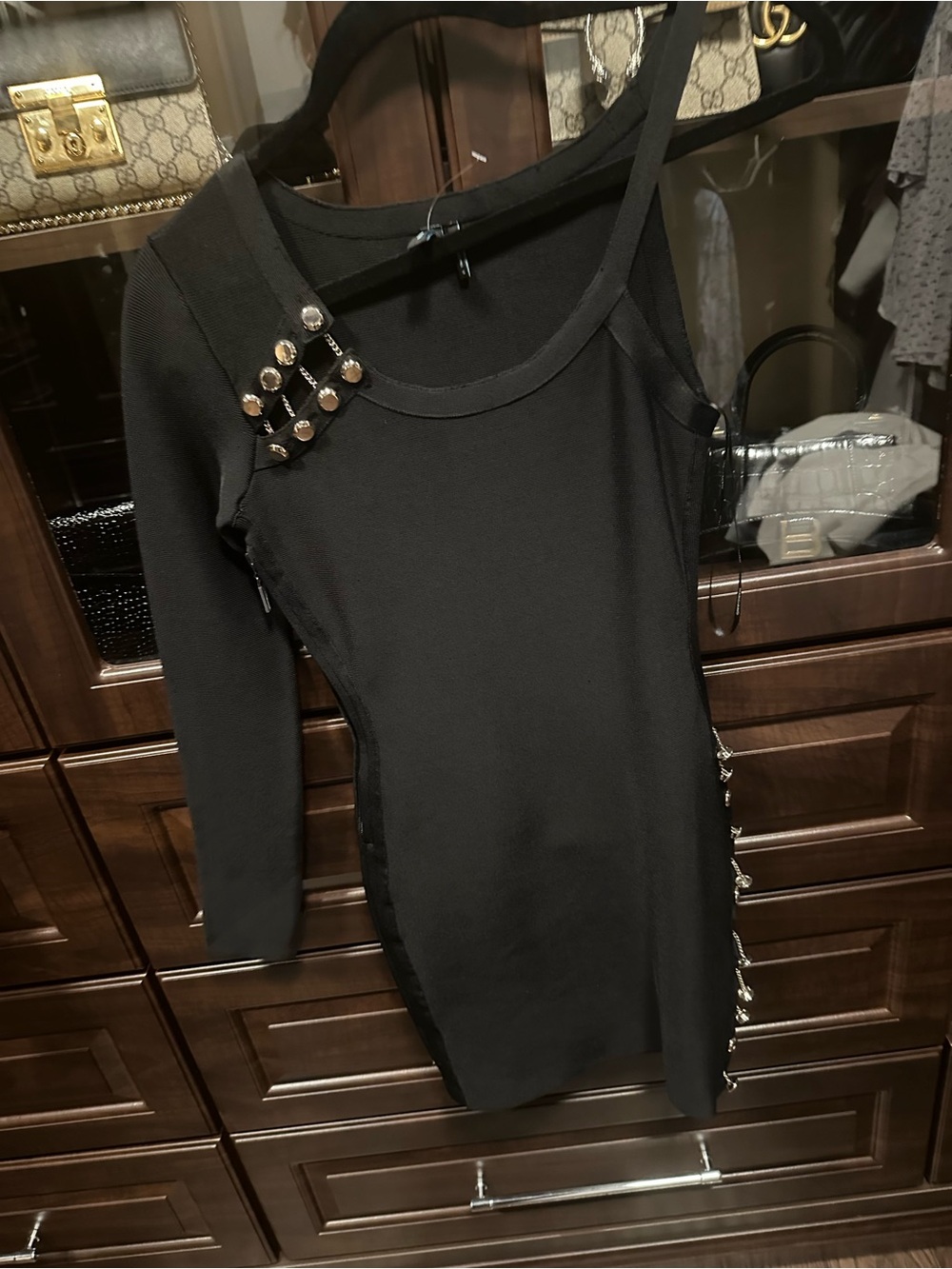 Marciano Black Asymmetrical One-Shoulder Stud Dress
